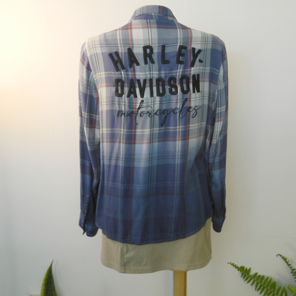 Harley-Davidson Button Up Shirt Womens XL Blue Plaid Ombre Embroidered Logos
